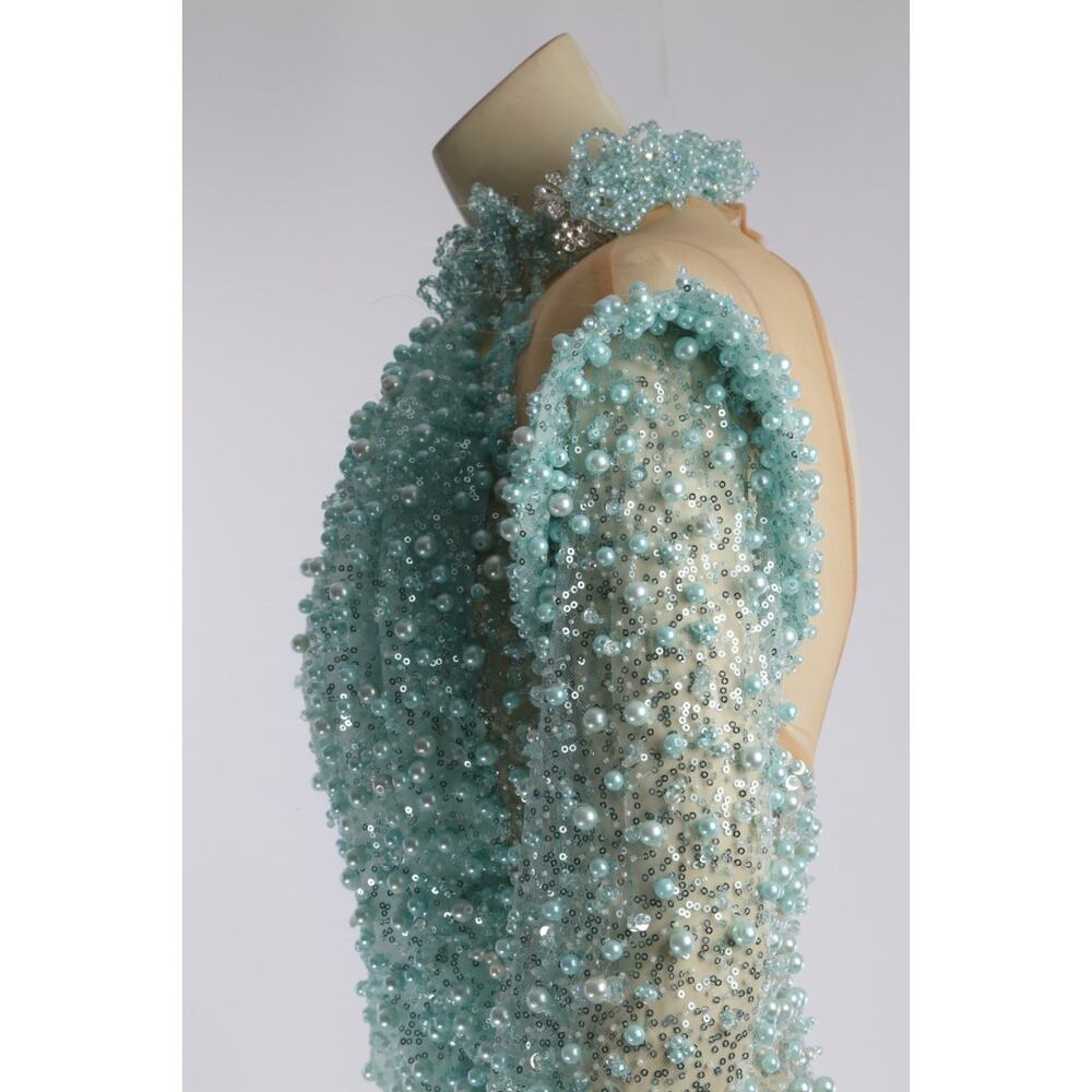 Albina Dyla Aqua Crystal Pearl Mesh Cutout Evening Formal Gala Couture Gown Sz S - Picture 16 of 16